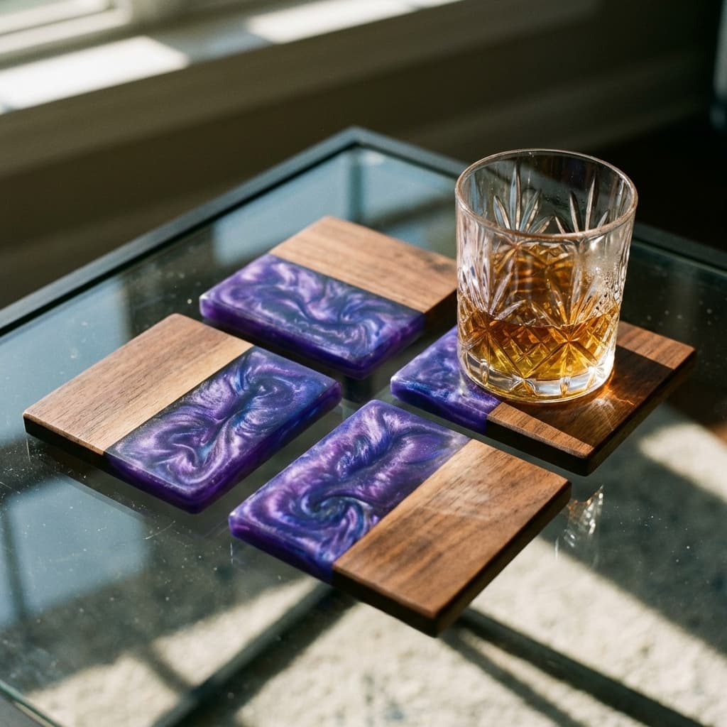 Walnut & Resin Coasters with purple resin