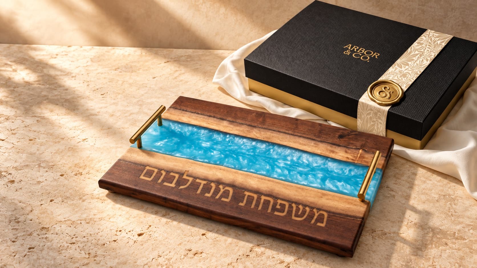 Walnut challah board with Maya Blue resin, gold handles, and a Hebrew family-name engraving, beside the Arbor & Co. gift box